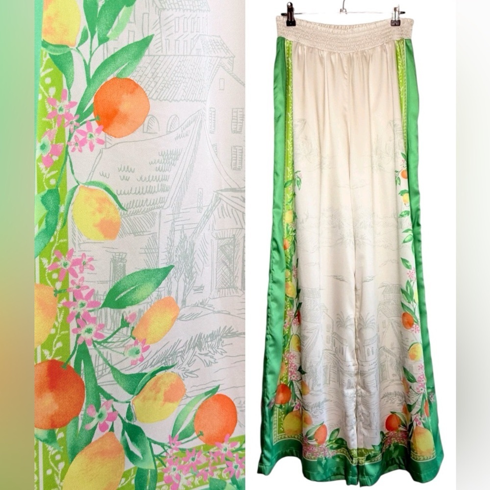 NEW Current Air Tuscan Citrus Coastal Border Print Wide Leg Pants AMALFI Green